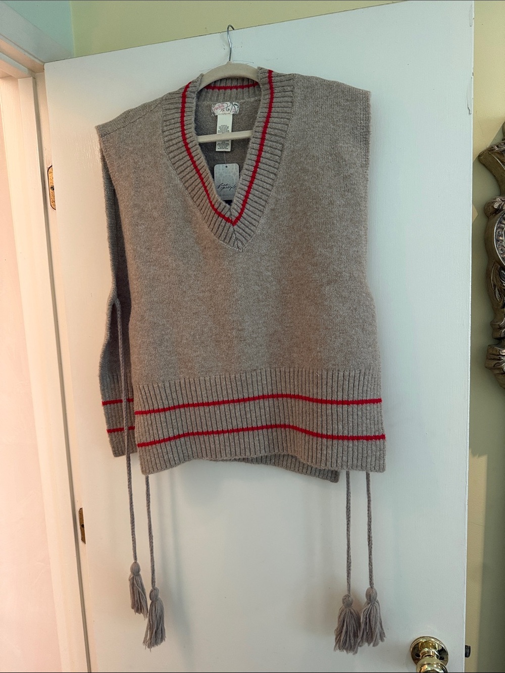 Free people tab Knit V-Neck Sweater Vest with Red Trim